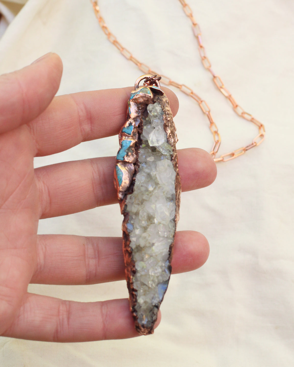 Raw Quartz cluster and Turquoise necklace