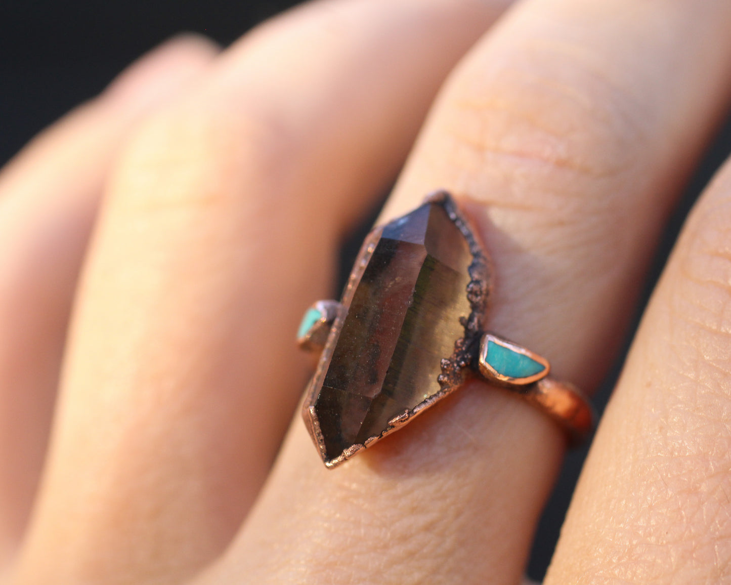 Smoky Quartz and Turquoise ring - Size 8.75