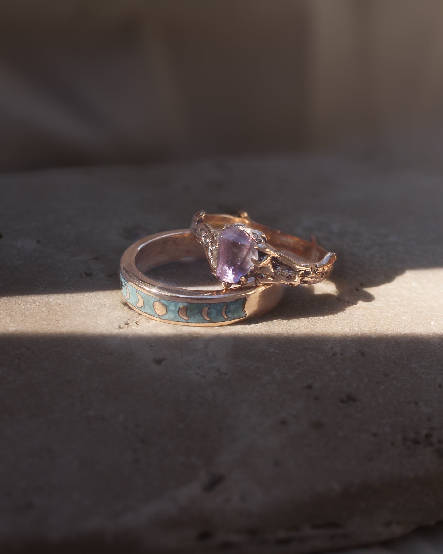 Inlaid Turquoise Moon Phase ring - Size 9.5