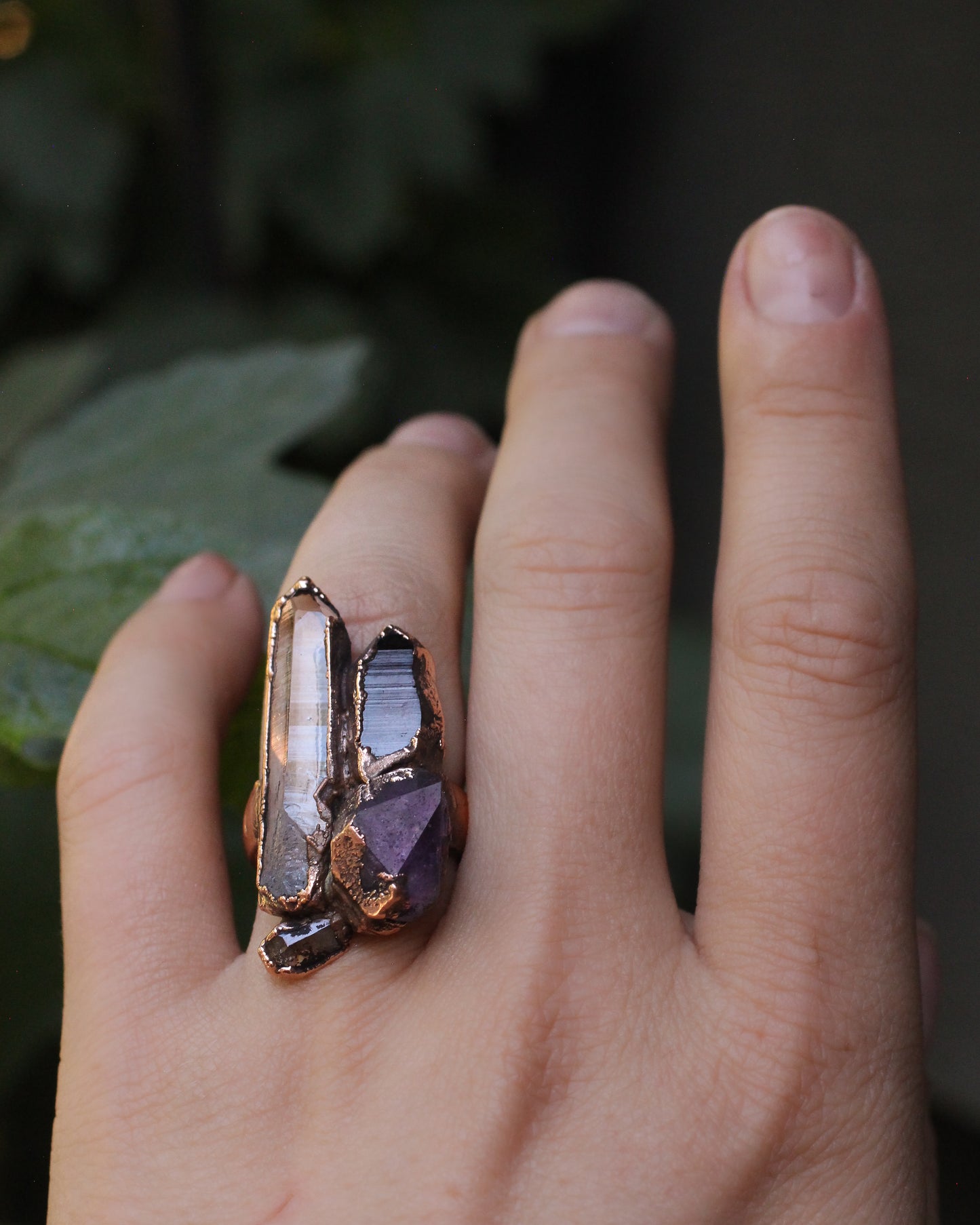 Quartz, Smoky Quartz, Amethyst and Topaz statement ring - size 8