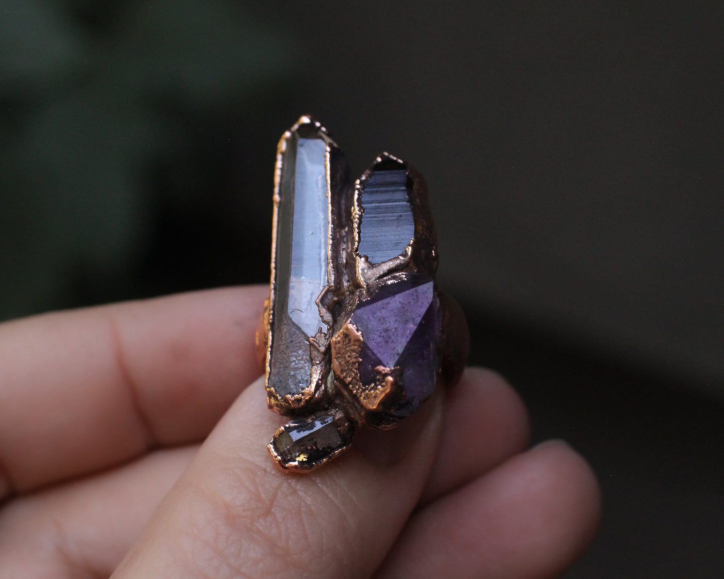 Quartz, Smoky Quartz, Amethyst and Topaz statement ring - size 8