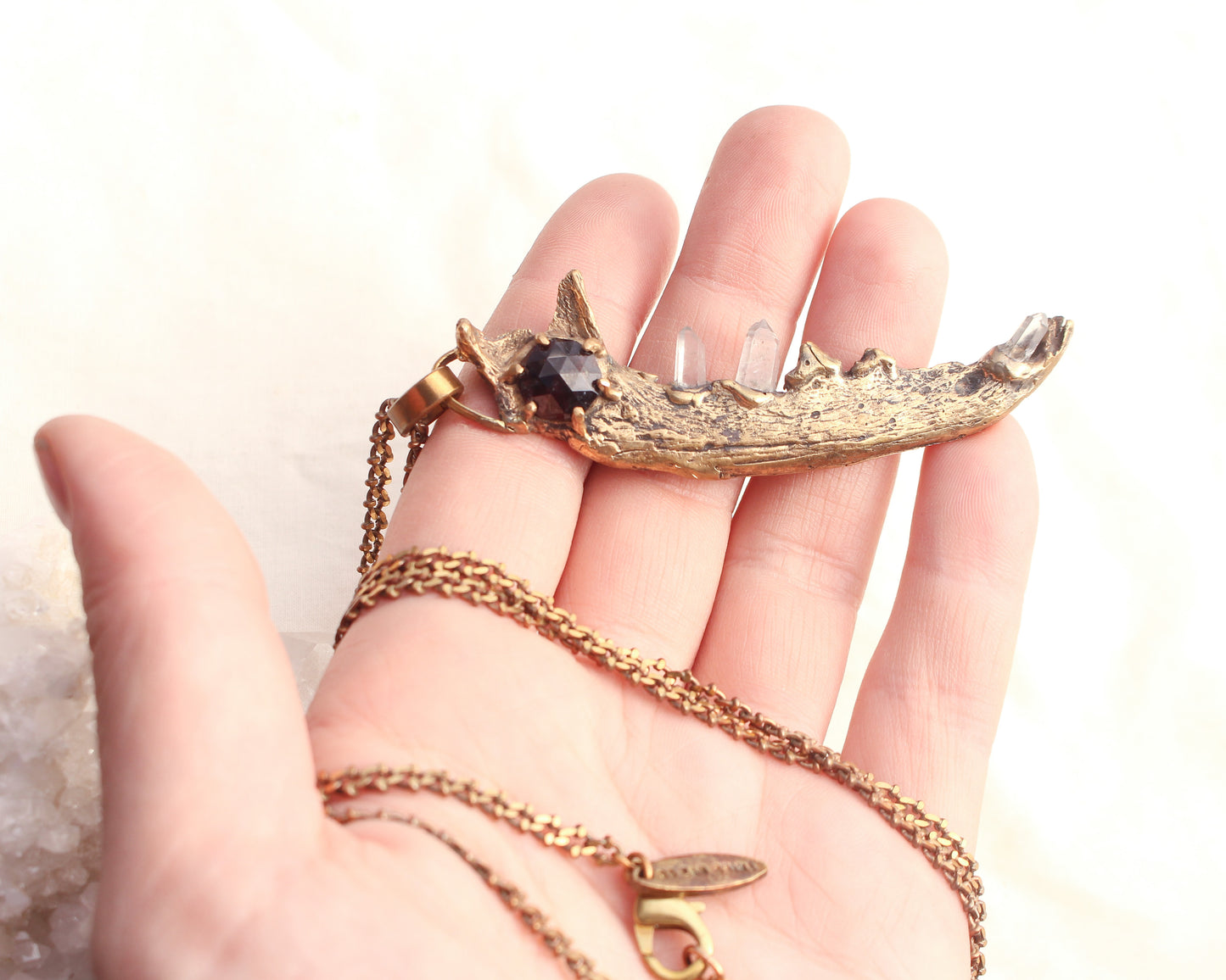 Faceted Garnet Jawbone with Quartz teeth necklace