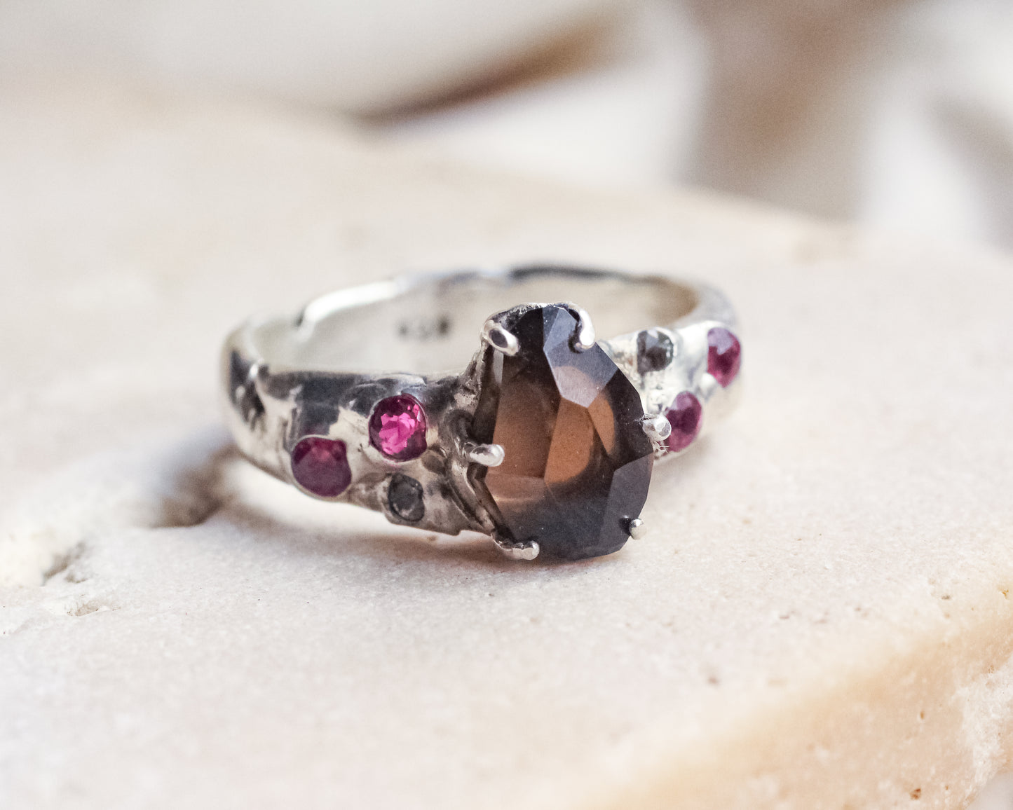 Smoky Quartz, Ruby, and Topaz ring - Silver Size 7.5