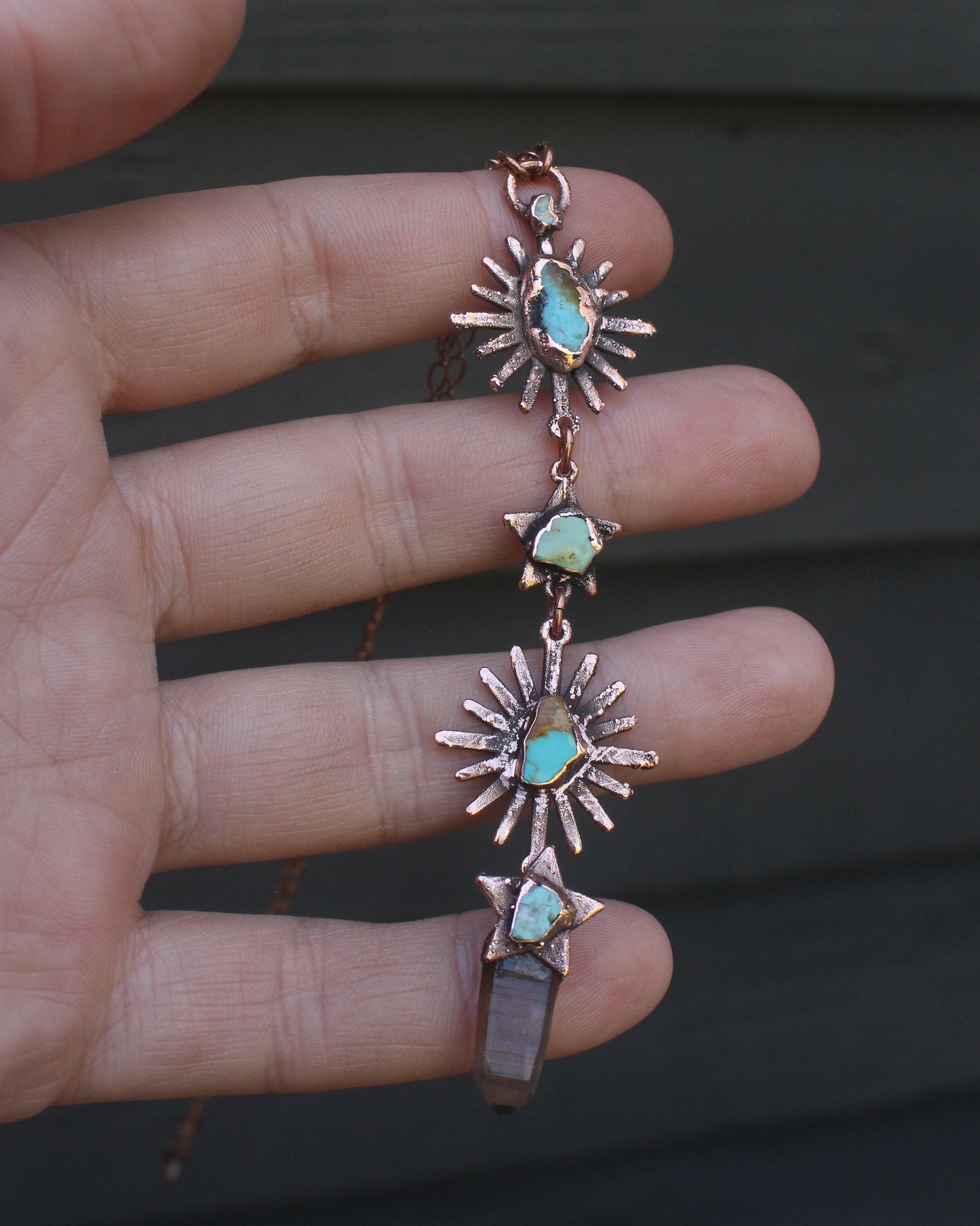 Smoky Quartz and Turquoise tiered Sun and Stars necklace