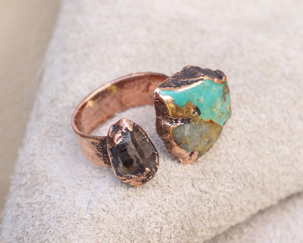 Smoky Quartz and Turquoise open Ring - Size 7.25