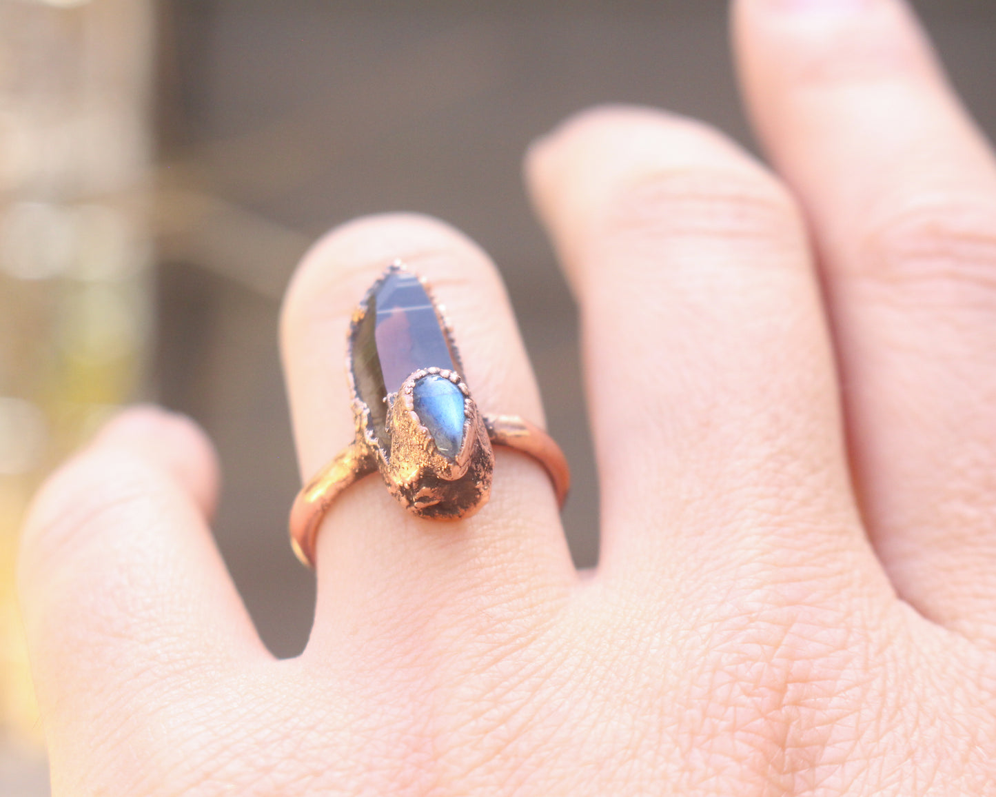 Smoky Quartz and labradorite ring - Size 9