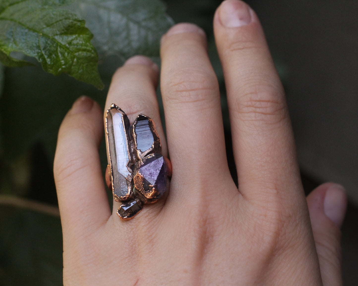 Quartz, Smoky Quartz, Amethyst and Topaz statement ring - size 8