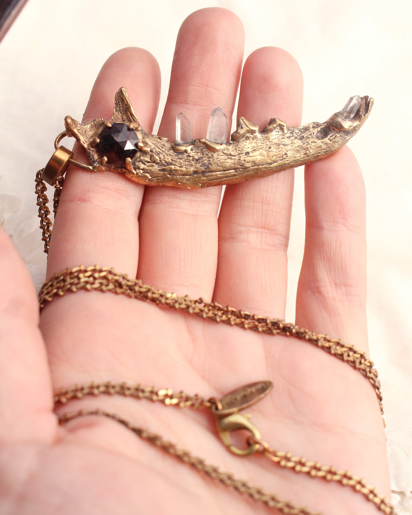 Faceted Garnet Jawbone with Quartz teeth necklace