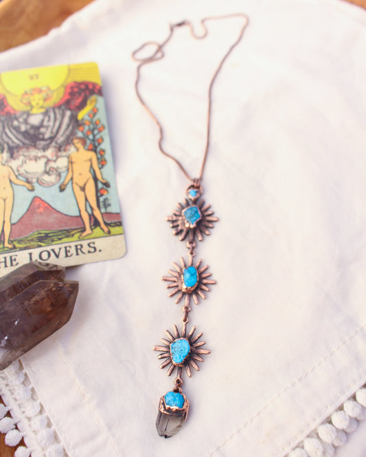 Turquoise and Smoky Quartz tiered Starburst necklace