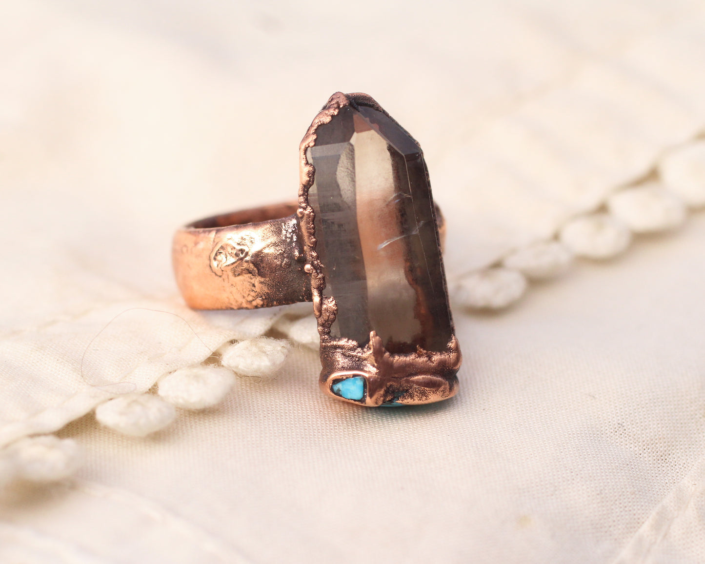 Smoky Quartz and Turquoise ring - Size 9