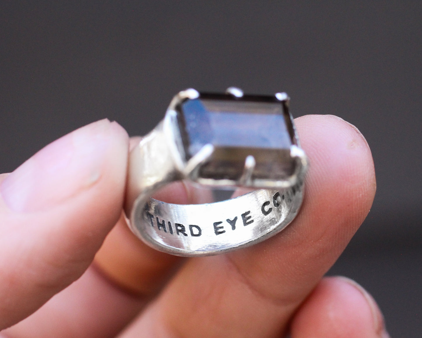 Hand faceted Smoky Quartz, hidden logo , thick band, Silver ring - Size 7.5