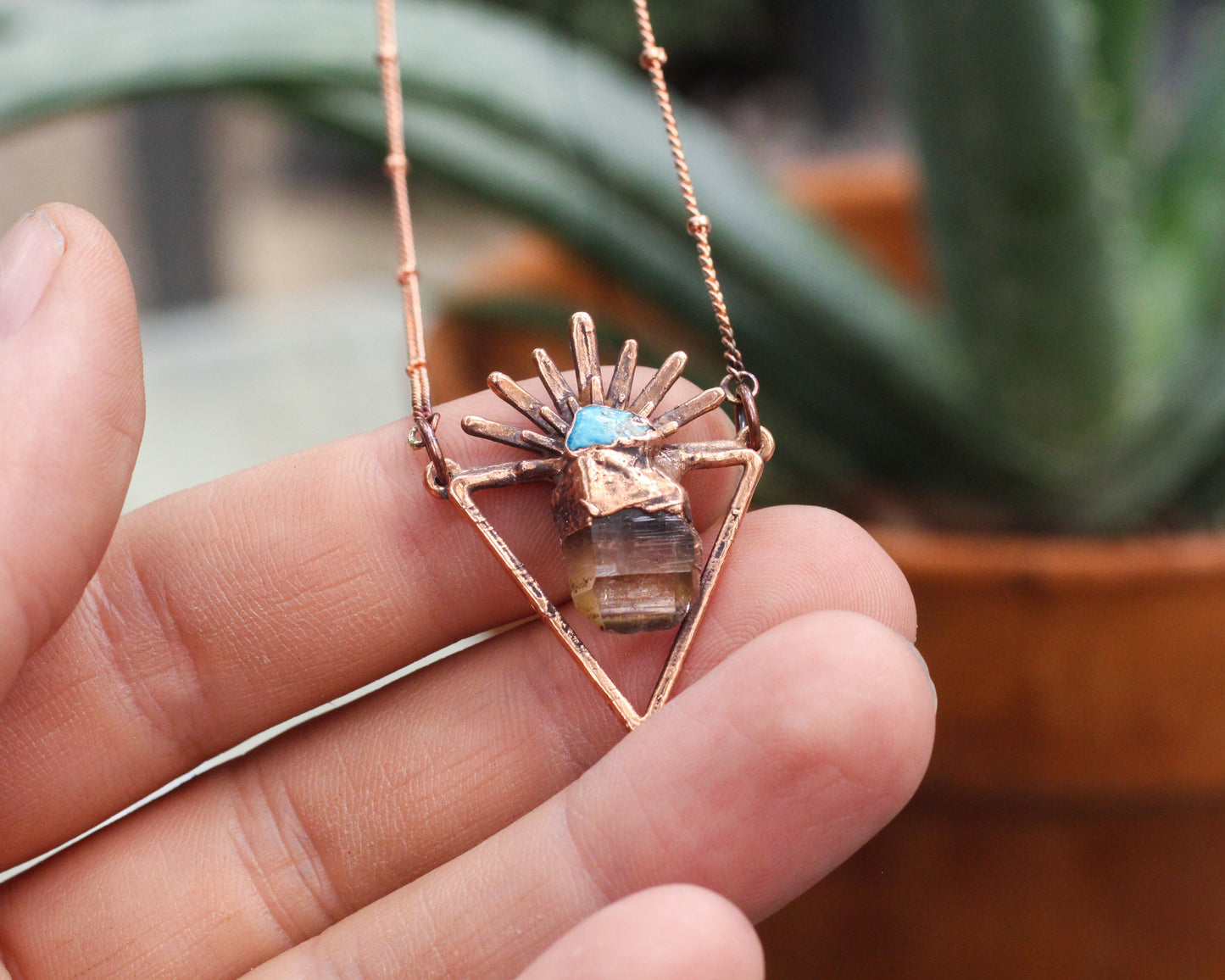 Smoky Quartz and Turquoise triangle necklace