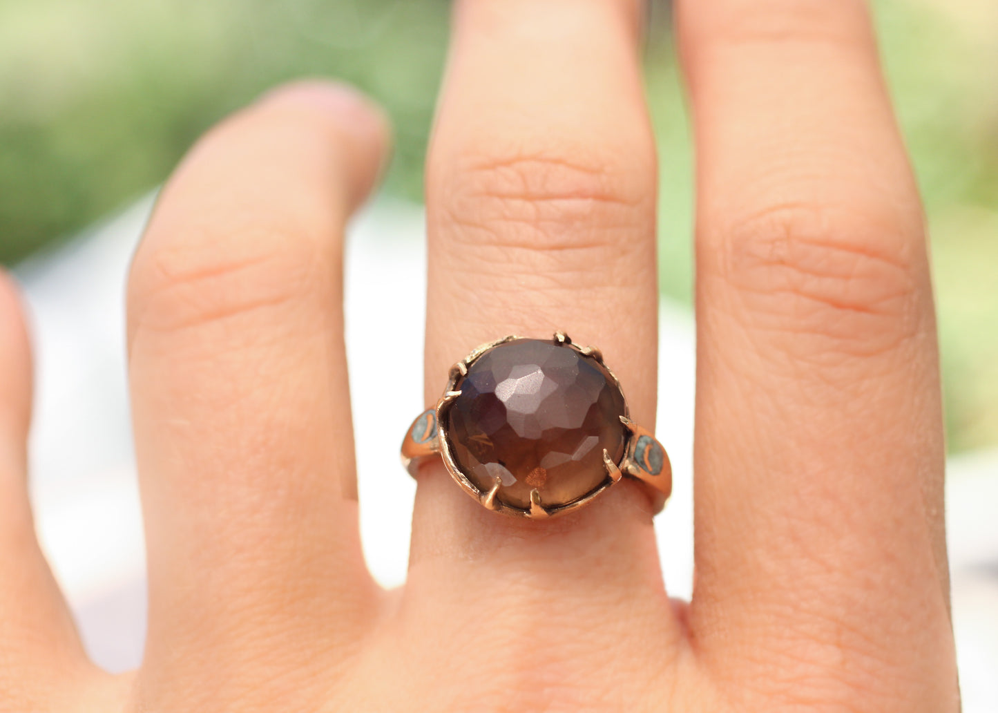 Hand Faceted Smoky Quartz and inlaid Turquoise moon ring - Size 8.25