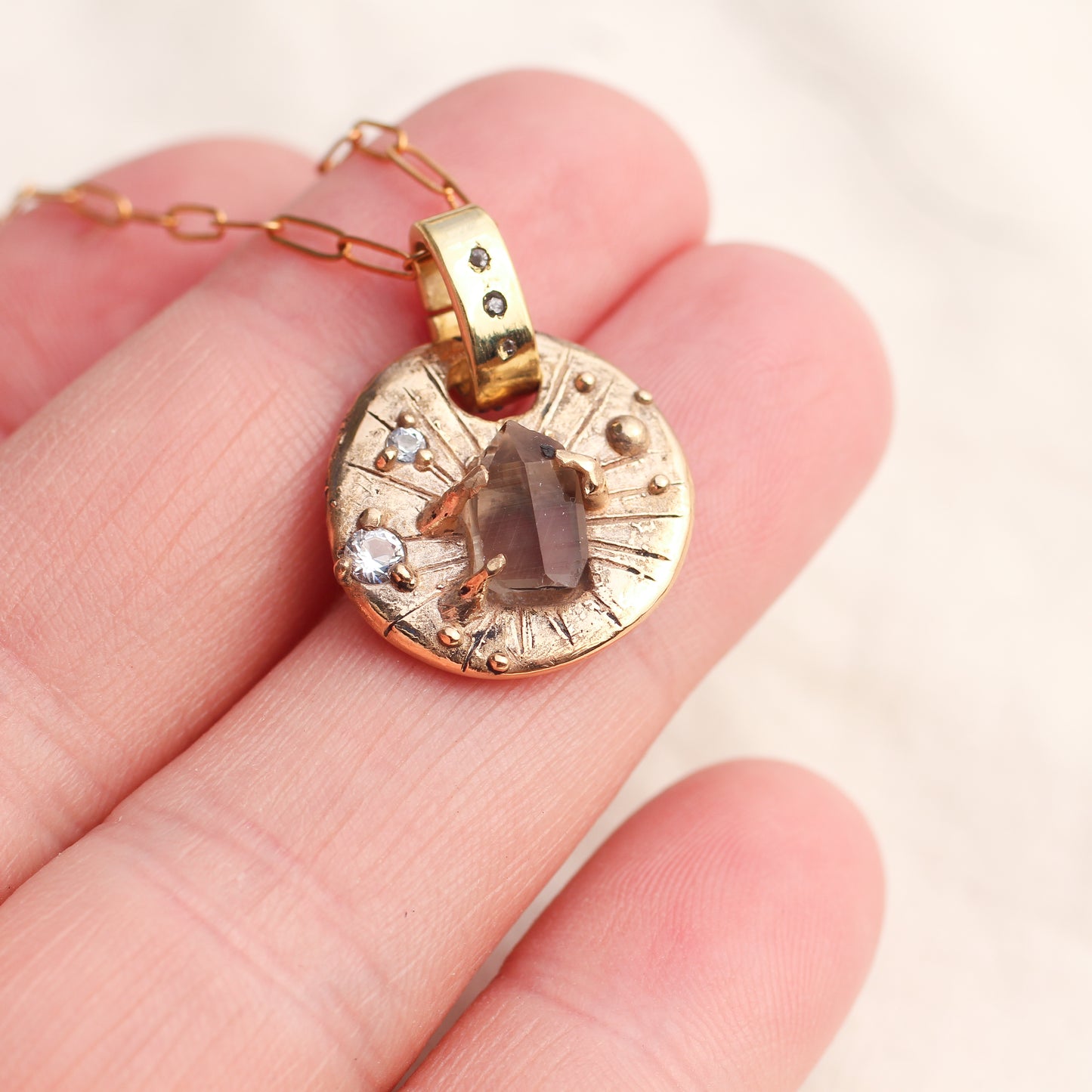 Raw Smoky Quartz and faceted Topaz Star Chart necklace