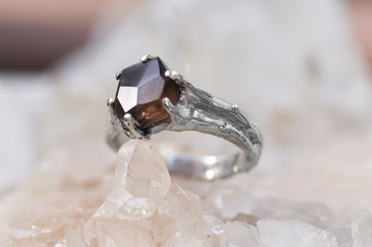 Hand Faceted Smoky Quartz ring - Size 7.25