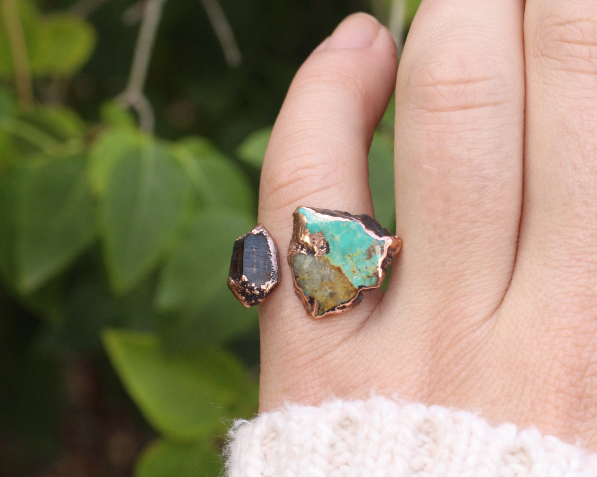 Smoky Quartz and Turquoise open Ring - Size 7.25