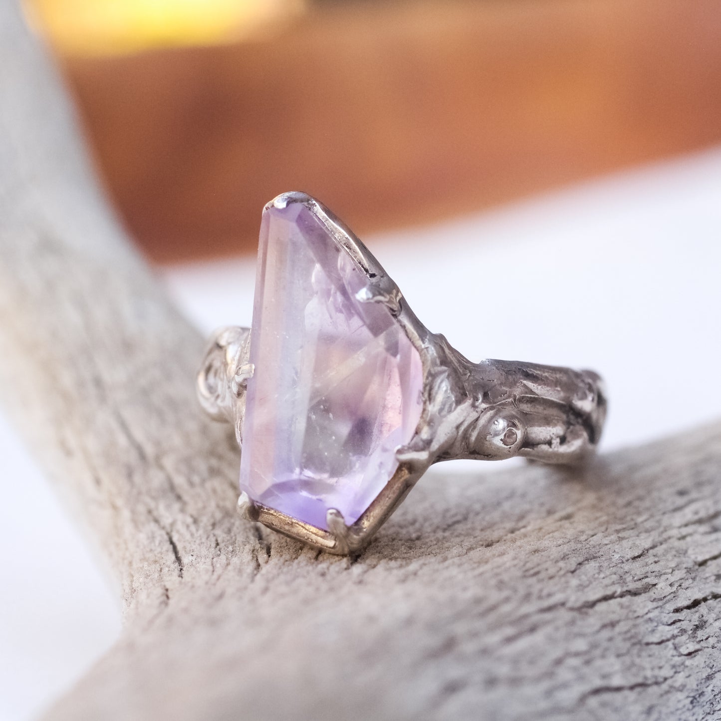 Hand faceted Amethyst and faceted Topaz ring in Silver - Size 8.25