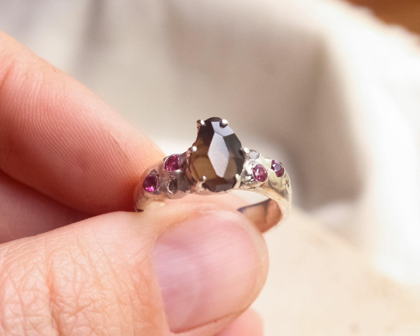Smoky Quartz, Ruby, and Topaz ring - Silver Size 7.5