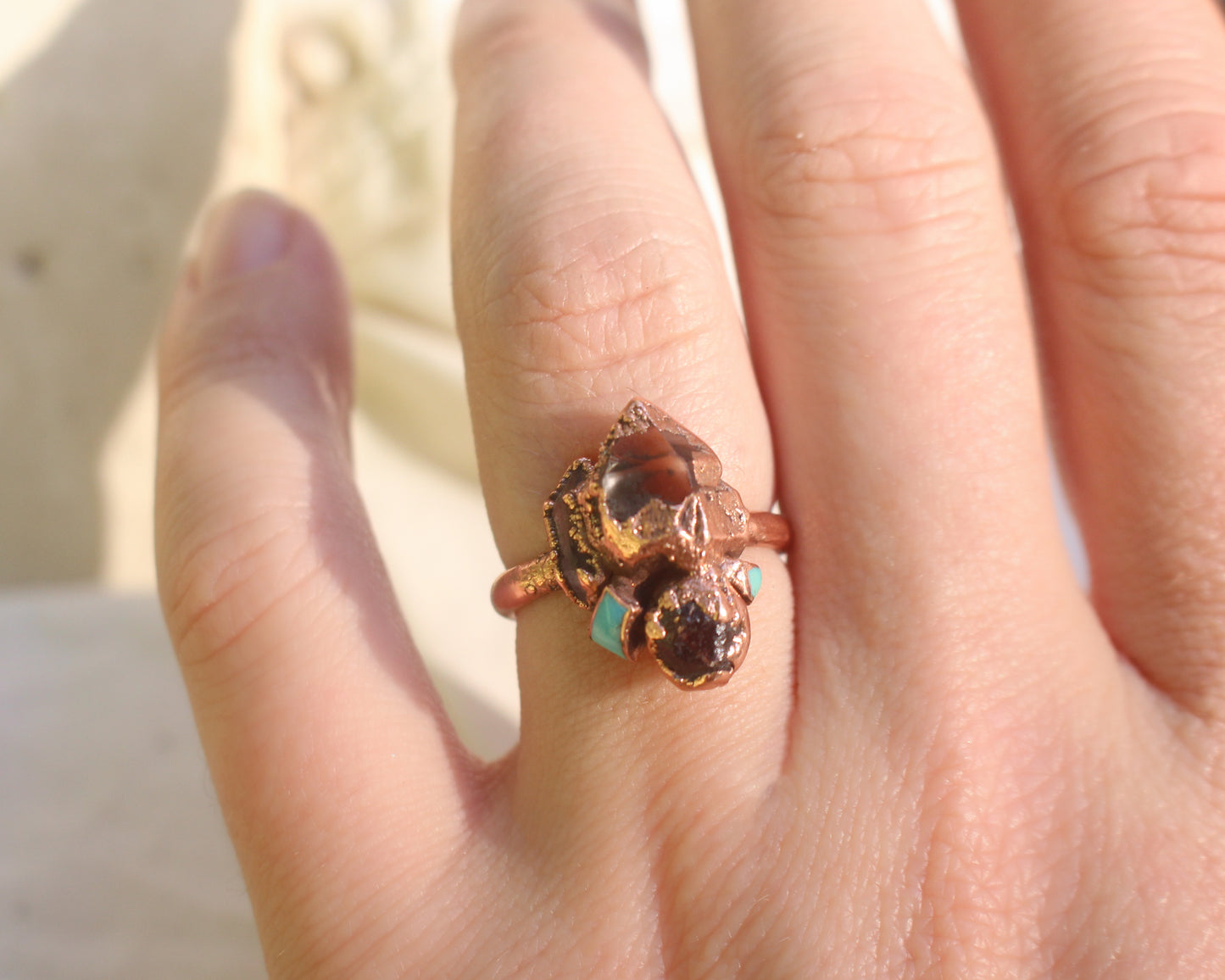Light Smoky Amethyst, Garnet, Quartz and Turquoise ring - Size