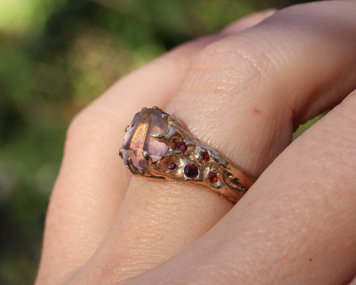 Light Amethyst and faceted Ruby Ring - Size 8.75