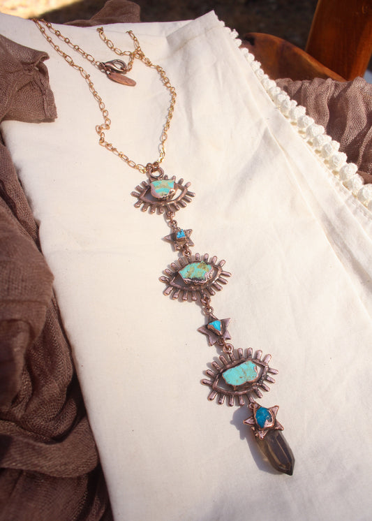 Turquoise and Smoky Quartz starry eyed tiered necklace