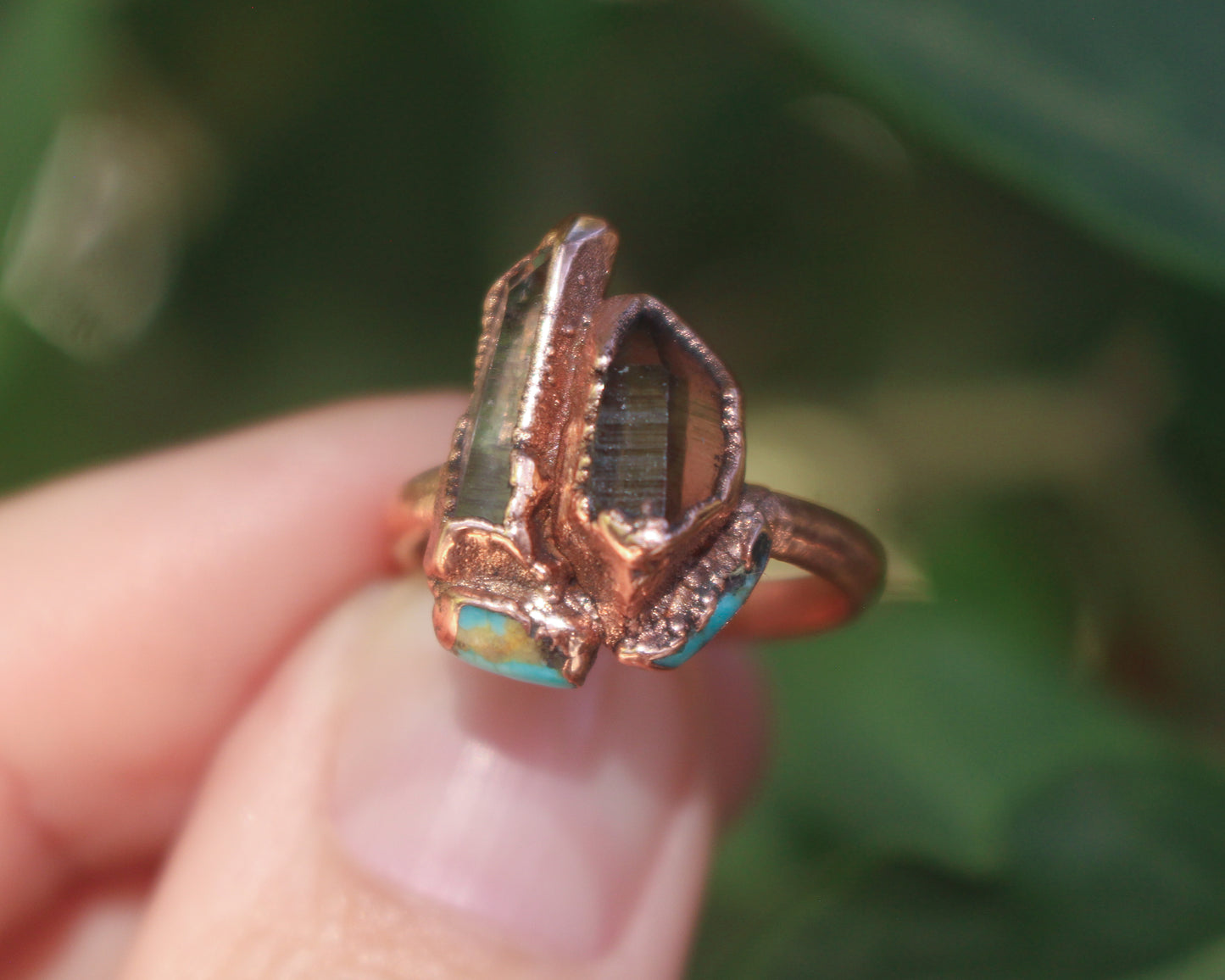 Quartz, Smoky Quartz and Turquoise ring - Size 7