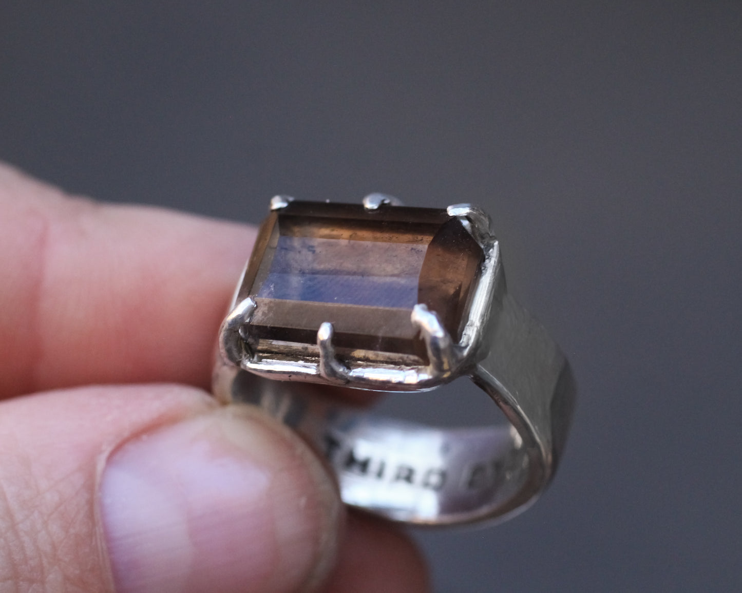 Hand faceted Smoky Quartz, hidden logo , thick band, Silver ring - Size 7.5