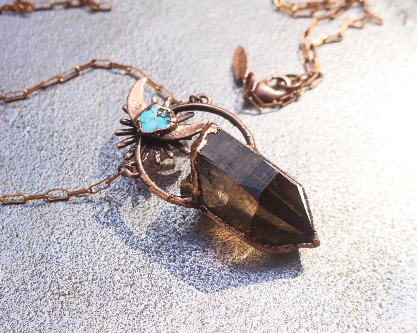 Deep Smoky Quartz and Turquoise moon aura necklace