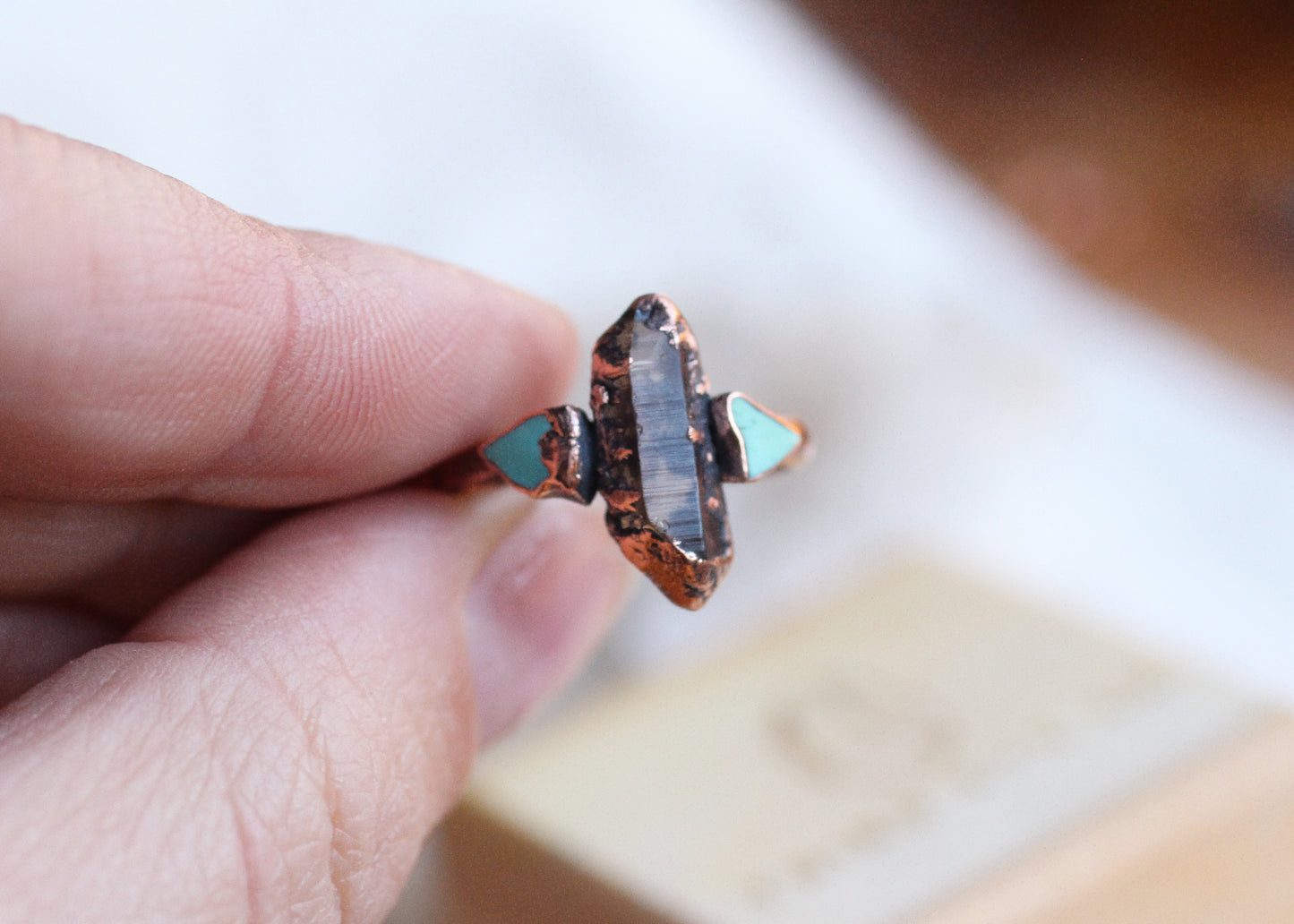 Smoky Quartz and Turquoise ring - Size 8.25