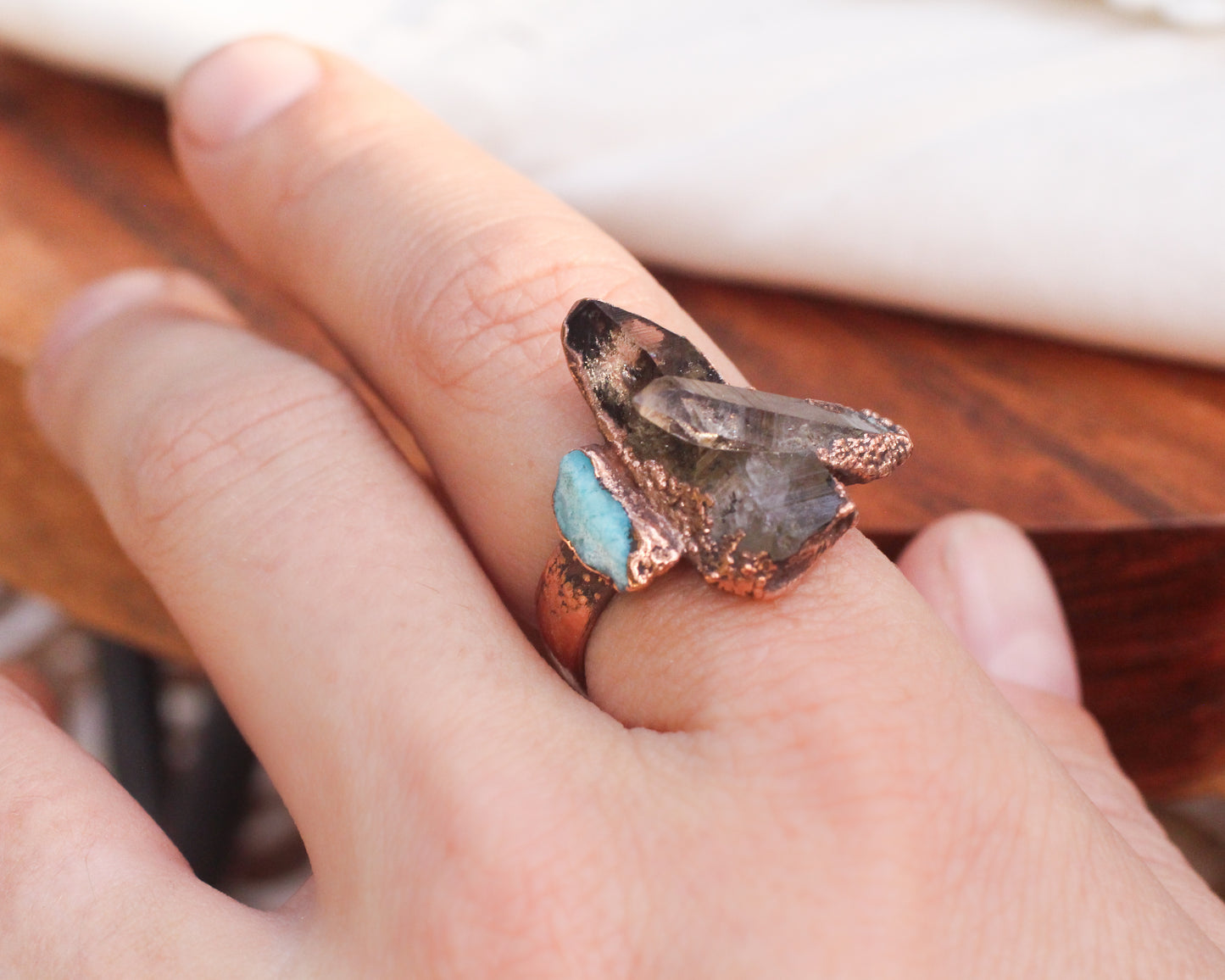 Smoky Quartz cluster and Turquoise ring - Size 9.75