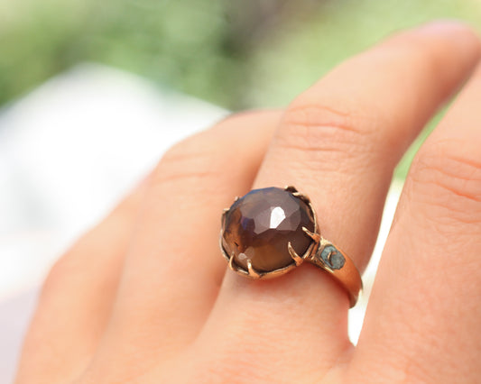 Hand Faceted Smoky Quartz and inlaid Turquoise moon ring - Size 8.25