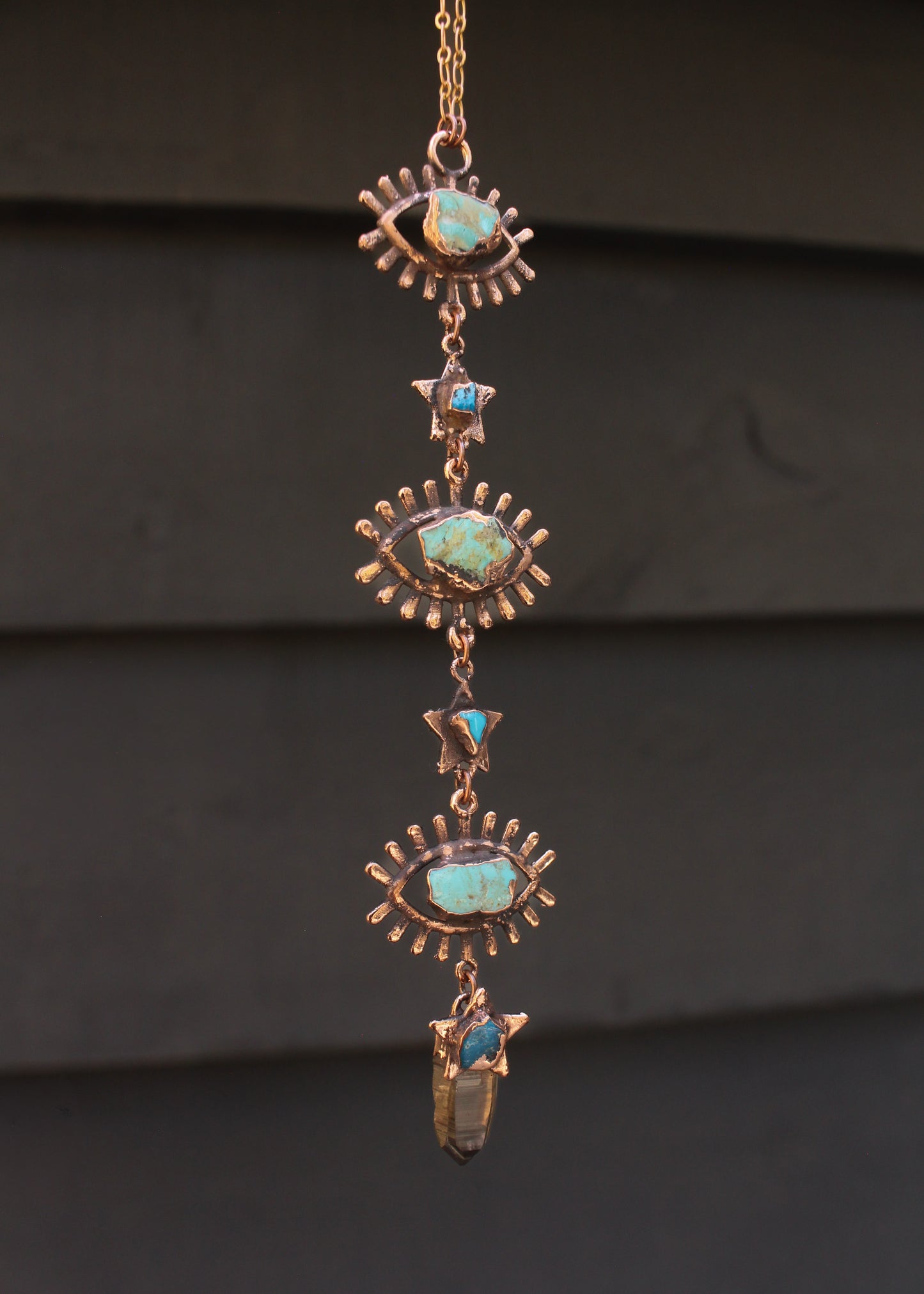 Turquoise and Smoky Quartz starry eyed tiered necklace