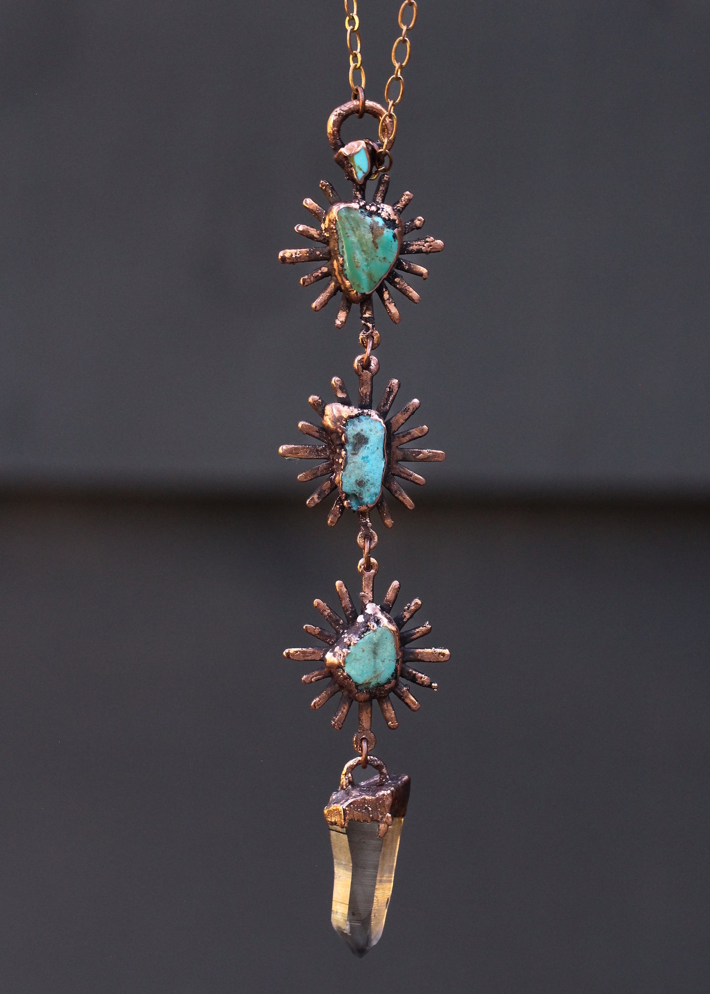 Ombré Smoky Quartz and Turquoise sun tiered necklace