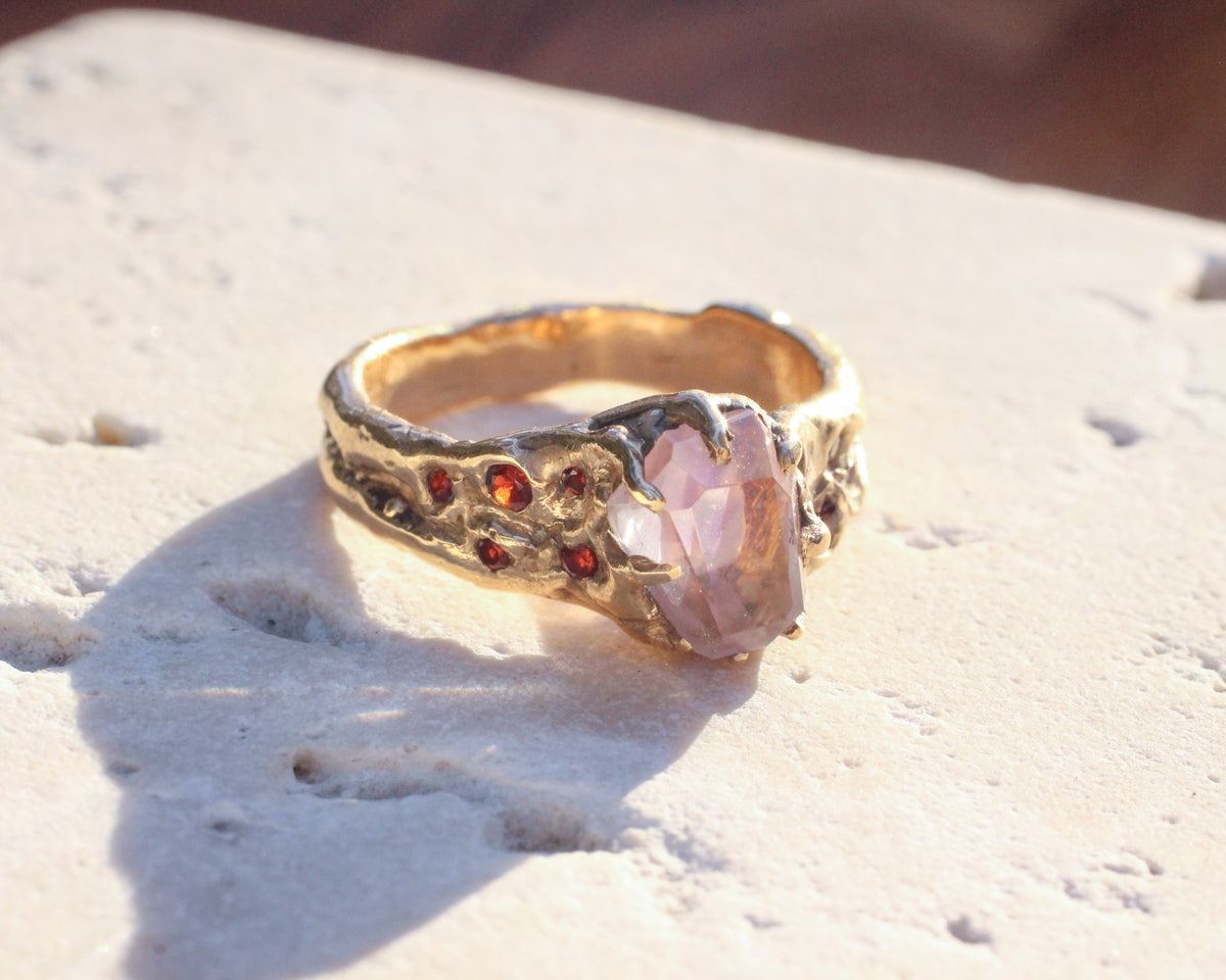 Light Amethyst and faceted Ruby Ring - Size 8.75