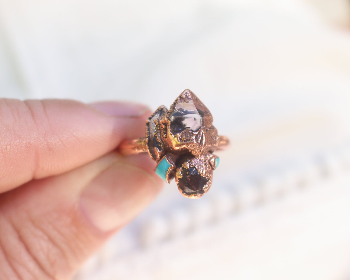 Light Smoky Amethyst, Garnet, Quartz and Turquoise ring - Size