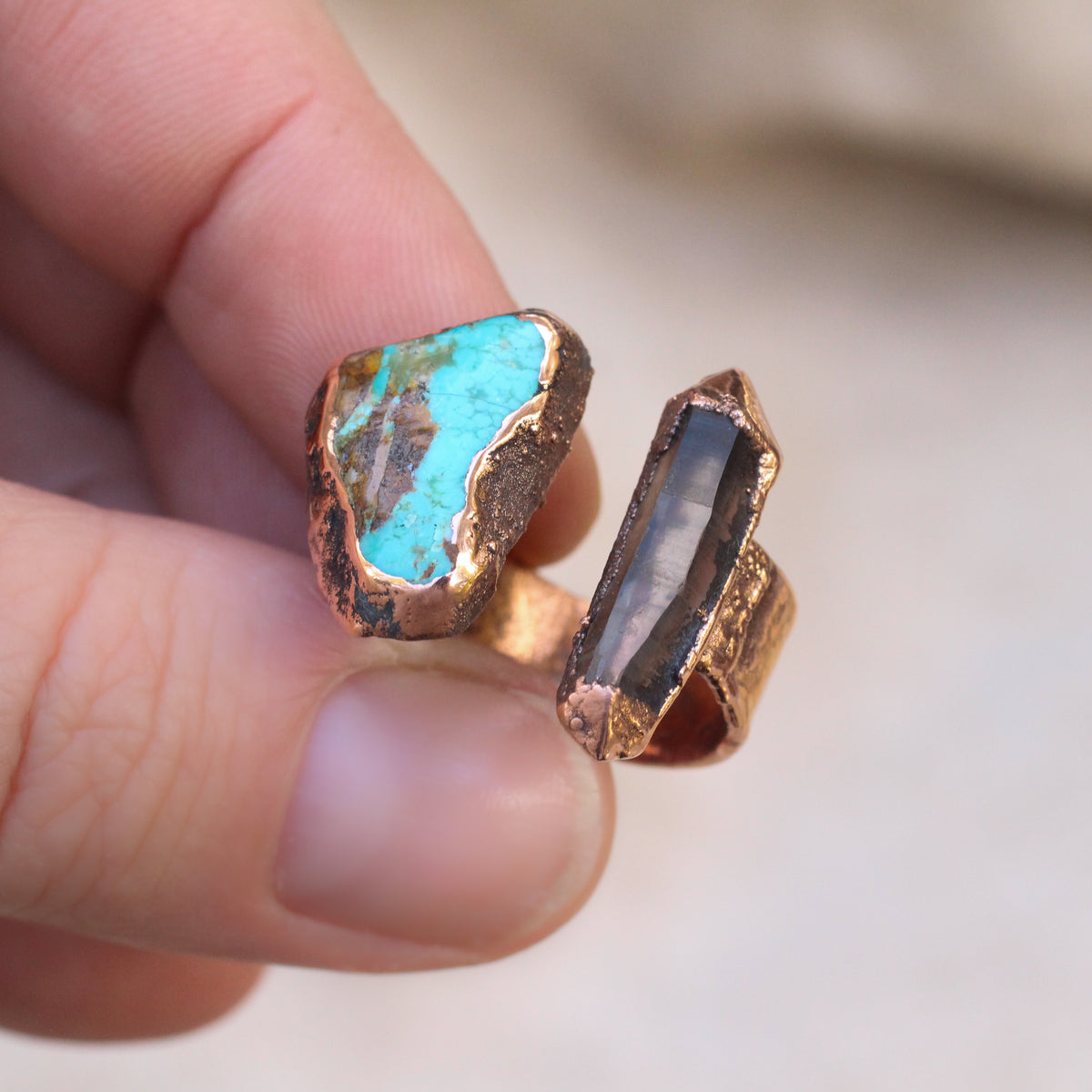 Smoky Quartz and Turquoise open Ring - size 6.75