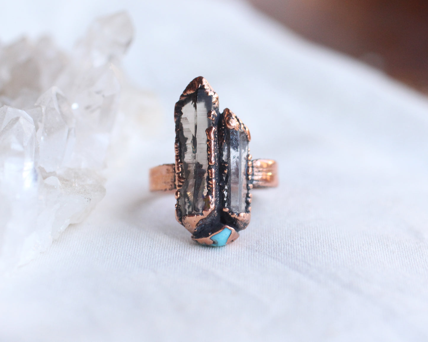 Quartz, Smoky Quartz and Turquoise ring - size 6.75