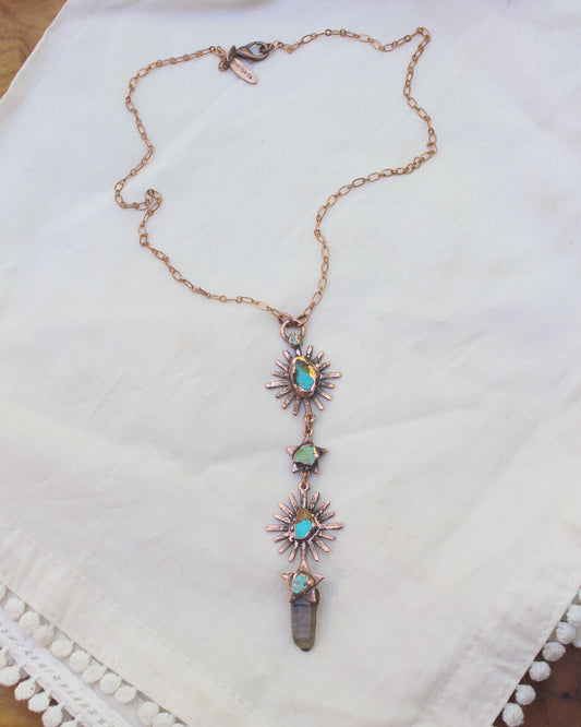 Smoky Quartz and Turquoise tiered Sun and Stars necklace