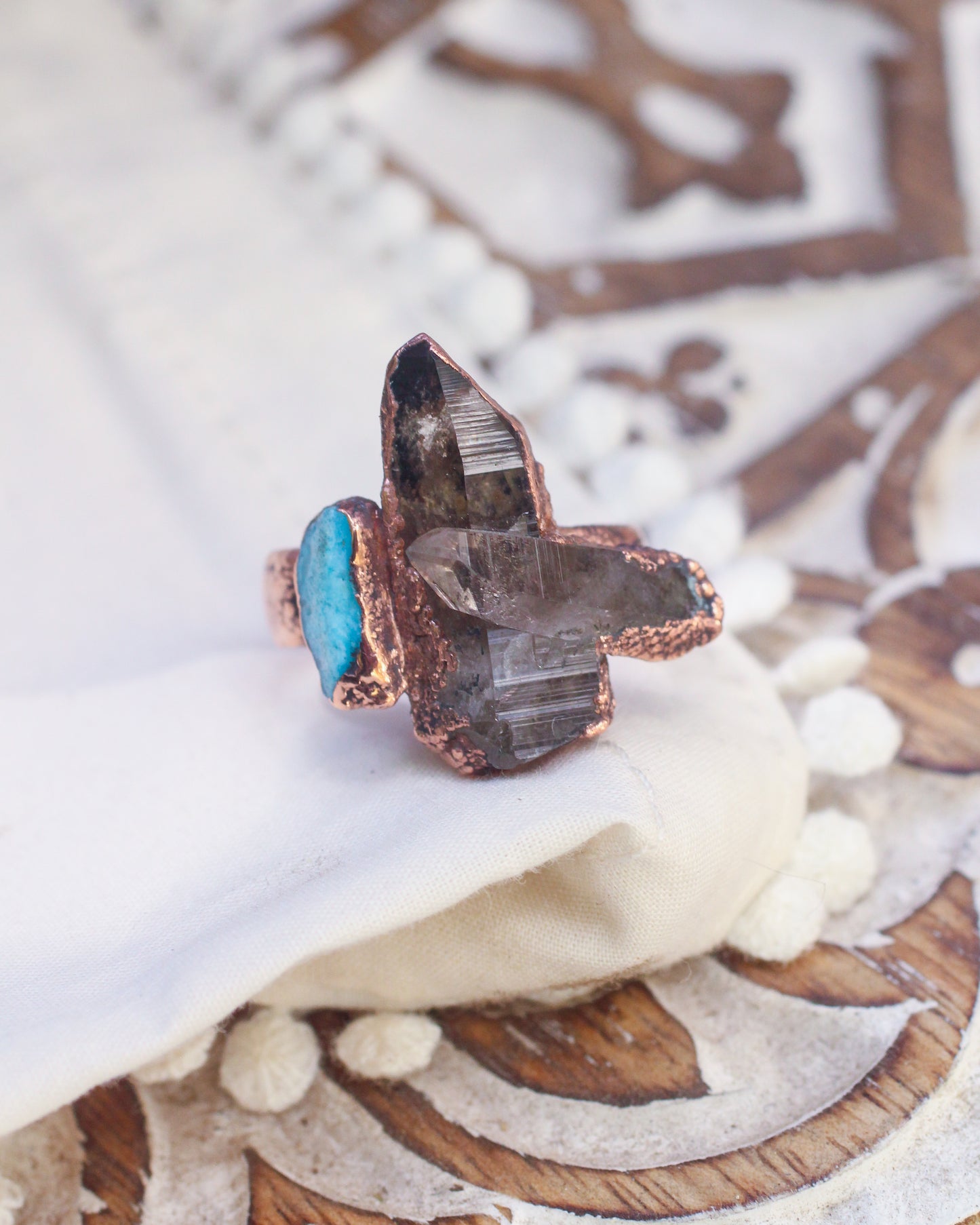 Smoky Quartz cluster and Turquoise ring - Size 9.75