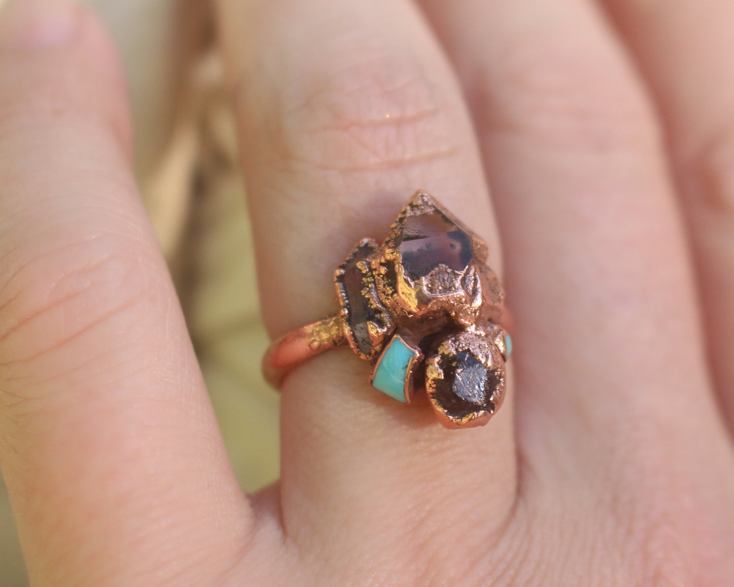 Light Smoky Amethyst, Garnet, Quartz and Turquoise ring - Size