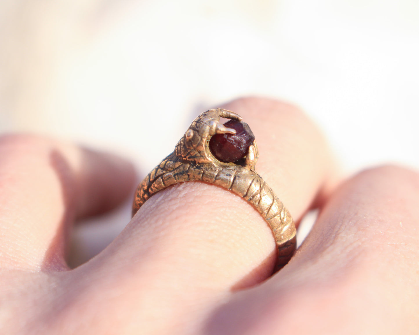 Garnet Karma Snake ring - Bronze Size 7
