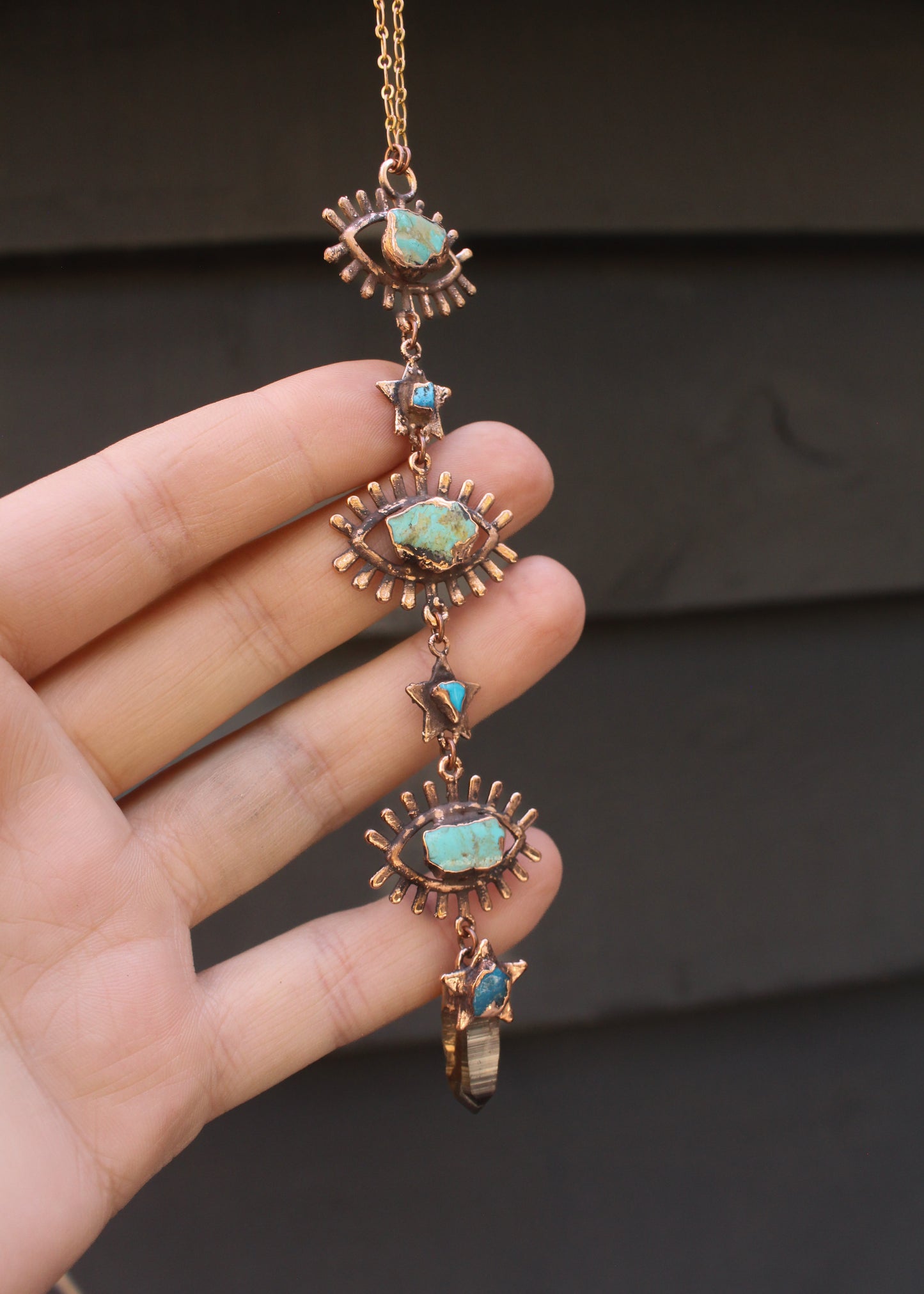 Turquoise and Smoky Quartz starry eyed tiered necklace