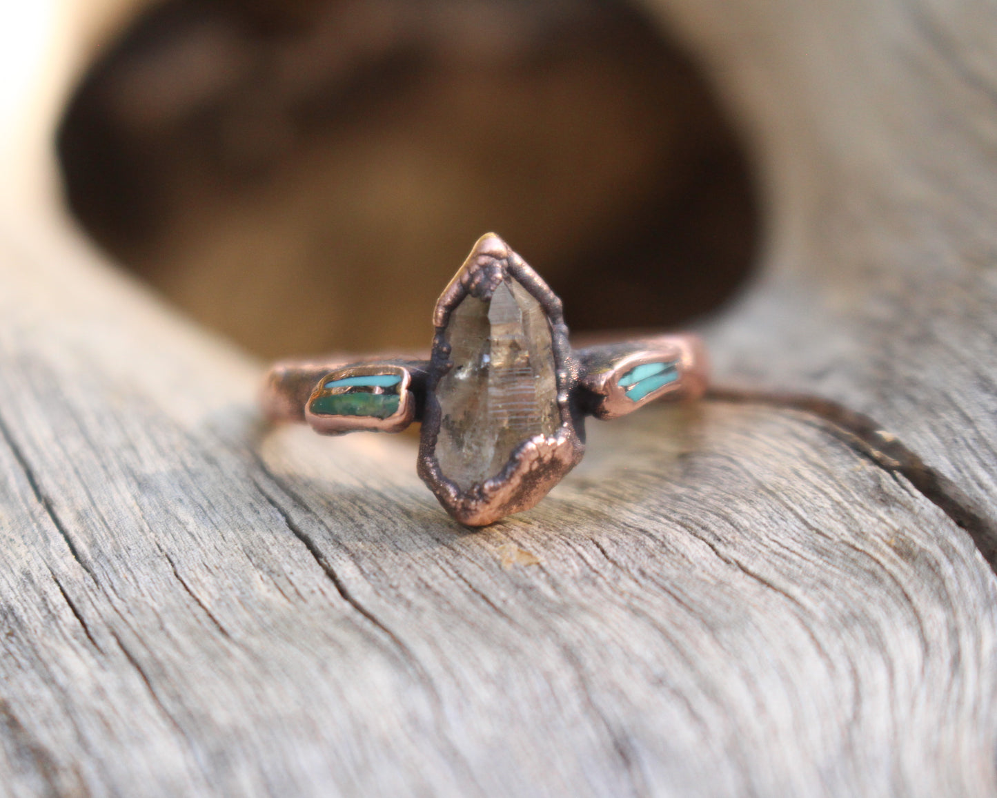 Little Smoky Quartz and Turquoise ring - Size 8