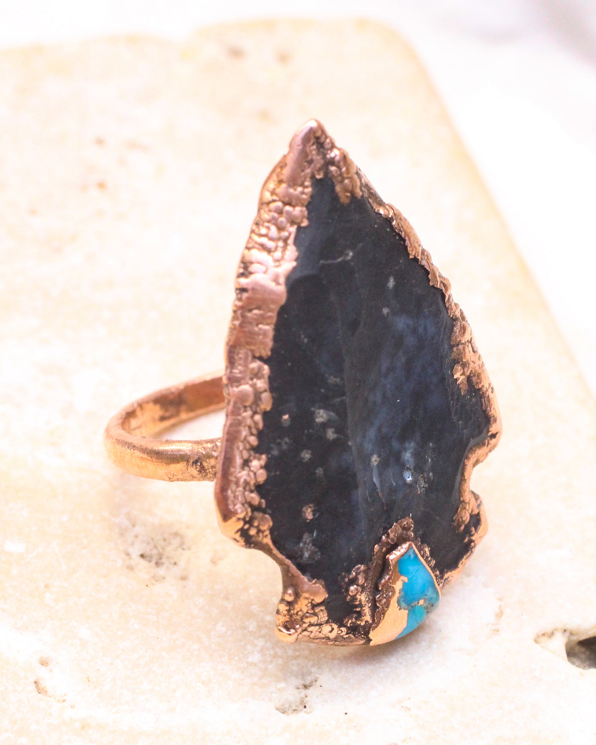 Black Stone and Turquoise Arrowhead Ring - size 6.75