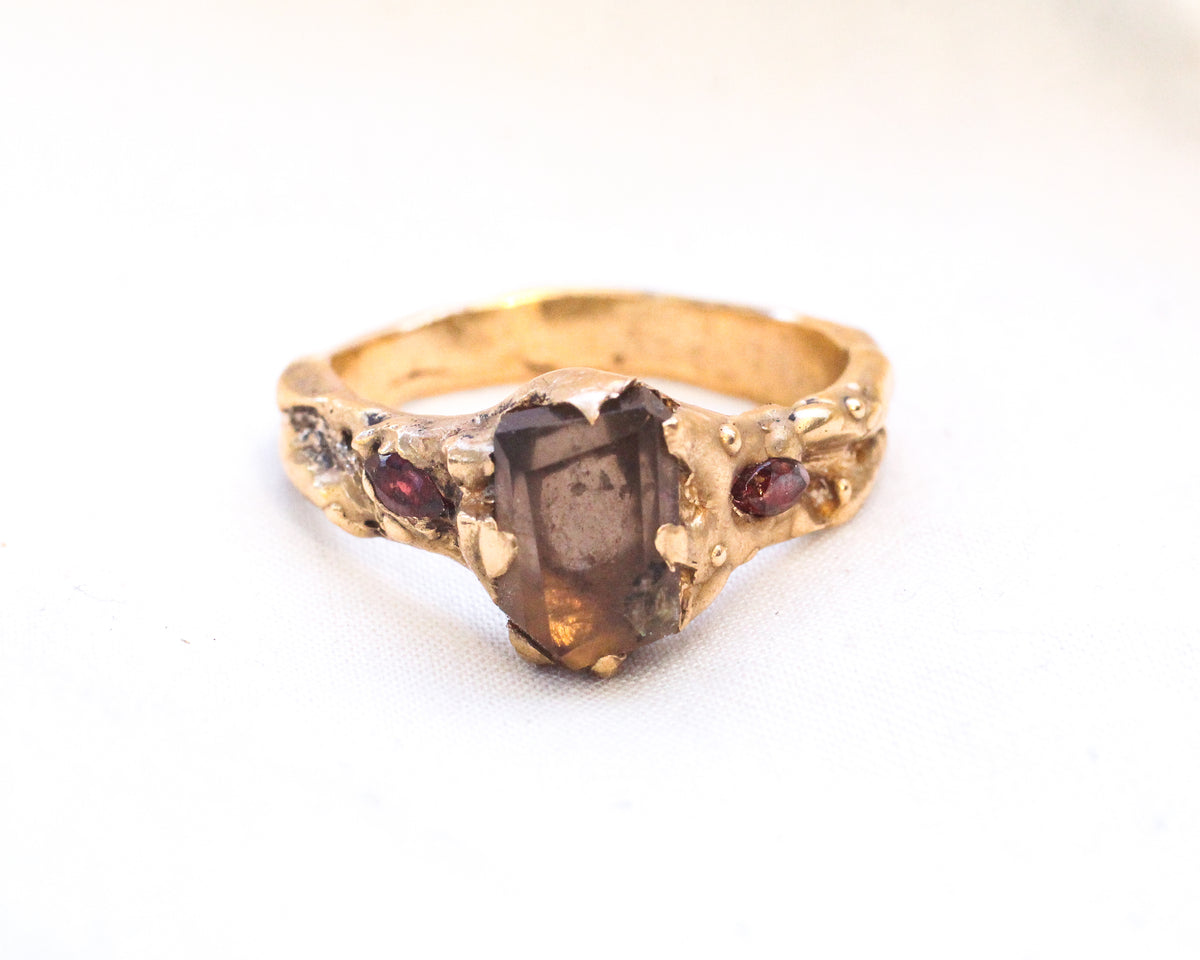 Hand Faceted Smoky Quartz and Marquise cut Ruby Ring - Size 8.5