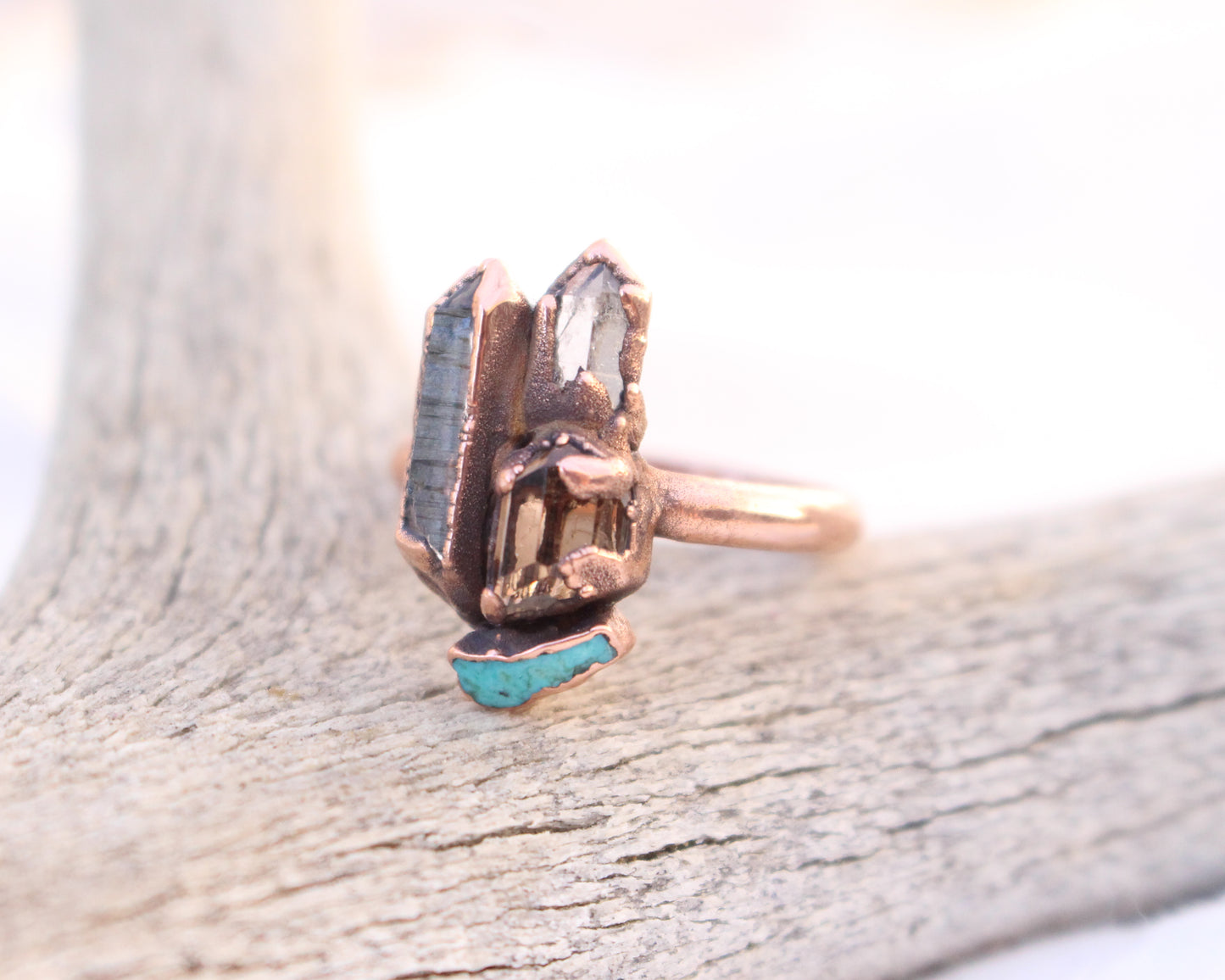 Quartz, Sherry color Topaz and Turquoise ring - Size 7.5