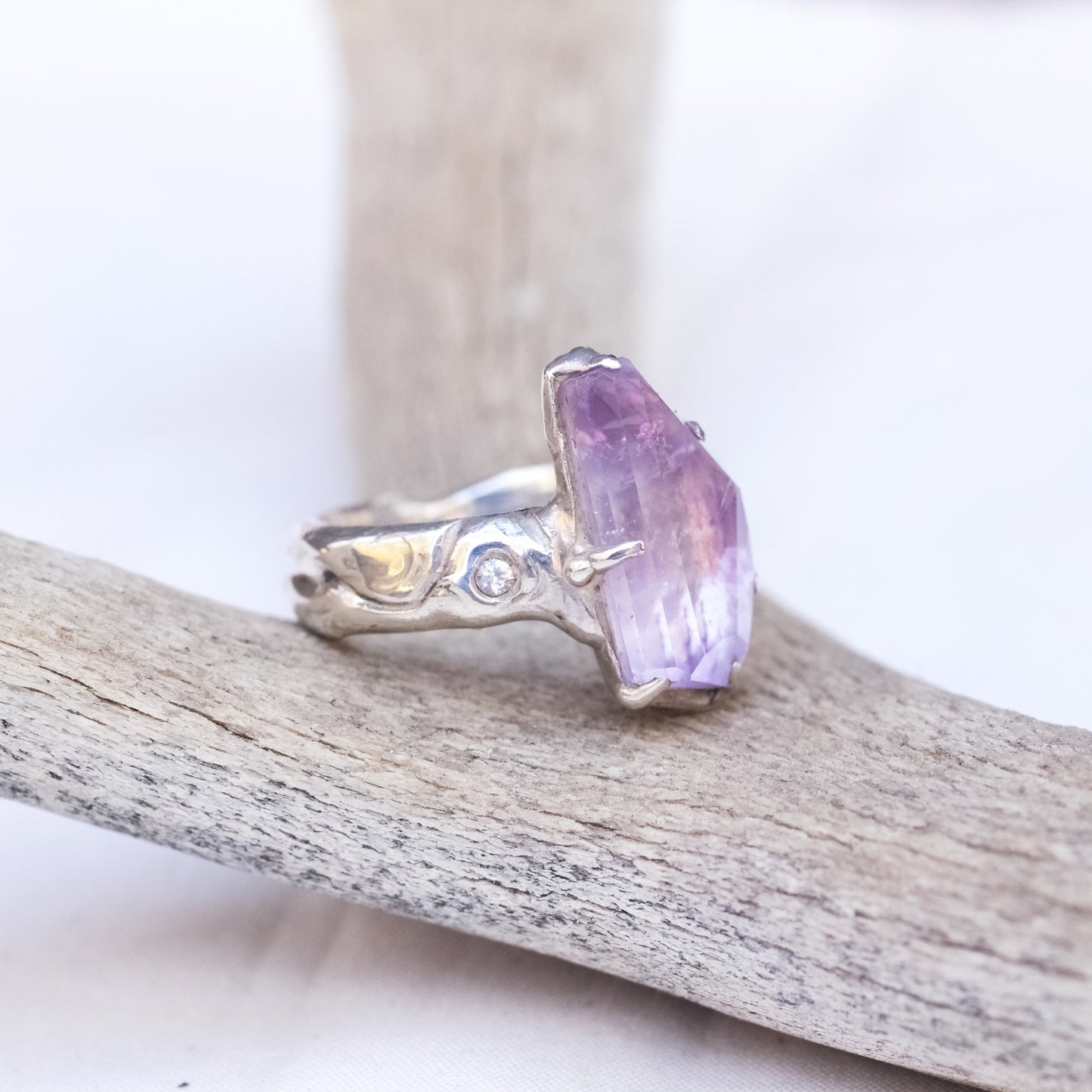 Hand faceted Amethyst and faceted Topaz ring in Silver - Size 8.25