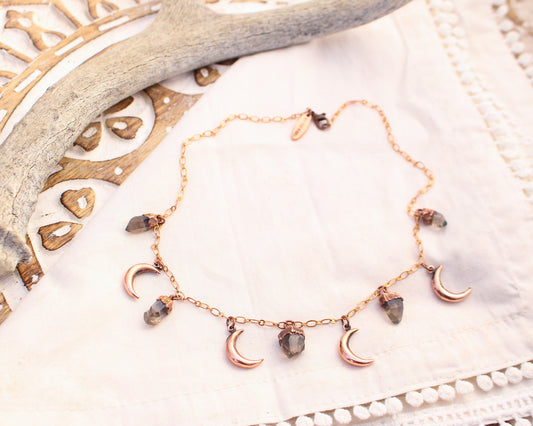 Smoky Quartz and Moon charm necklace