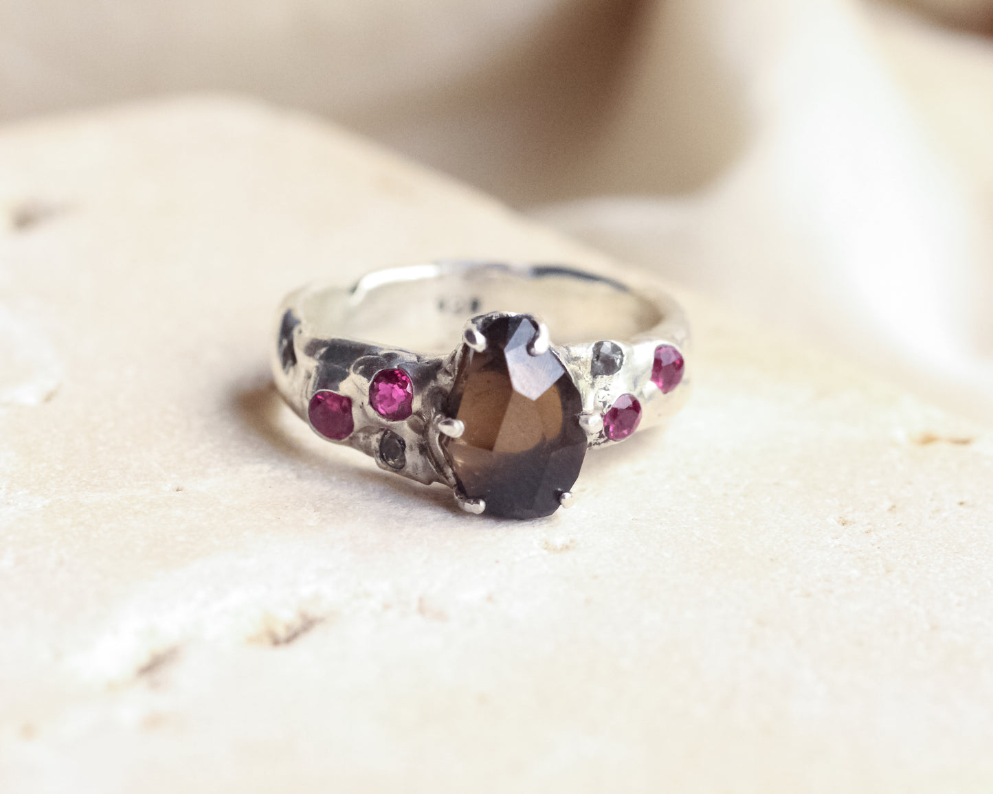 Smoky Quartz, Ruby, and Topaz ring - Silver Size 7.5