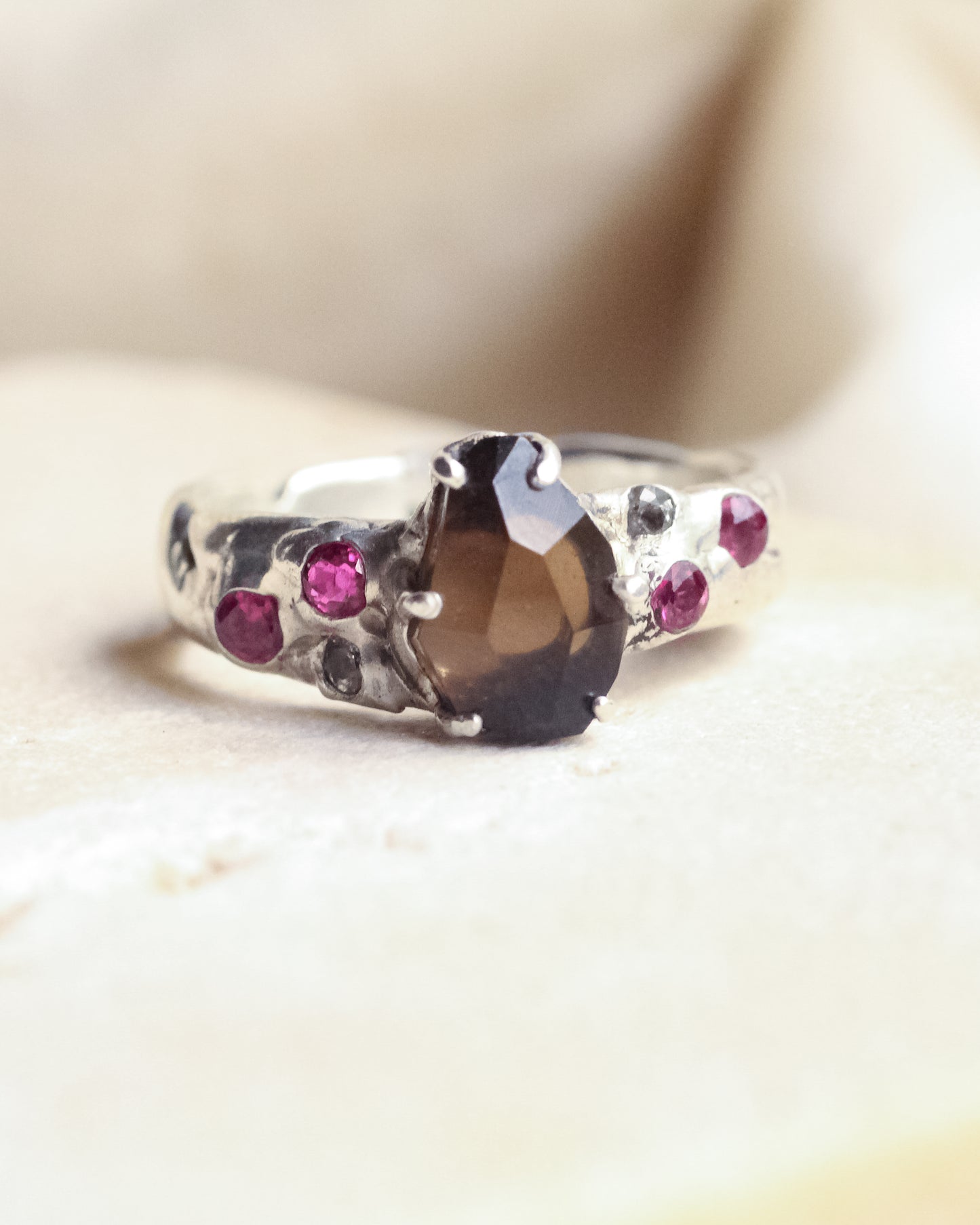 Smoky Quartz, Ruby, and Topaz ring - Silver Size 7.5